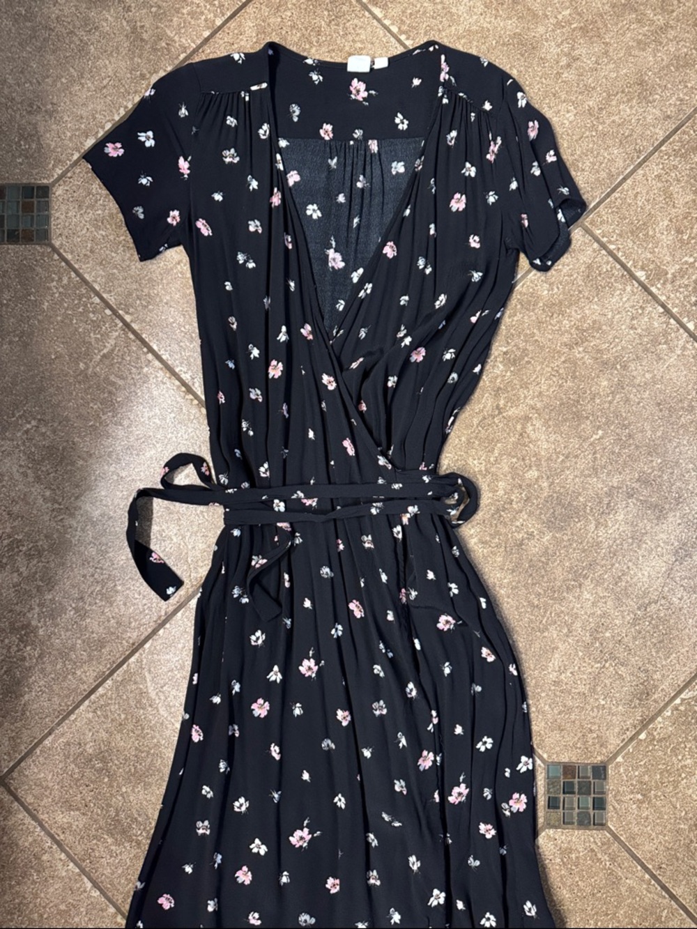 GAP Black Midi Wrap Dress with Pink and White Floral Print